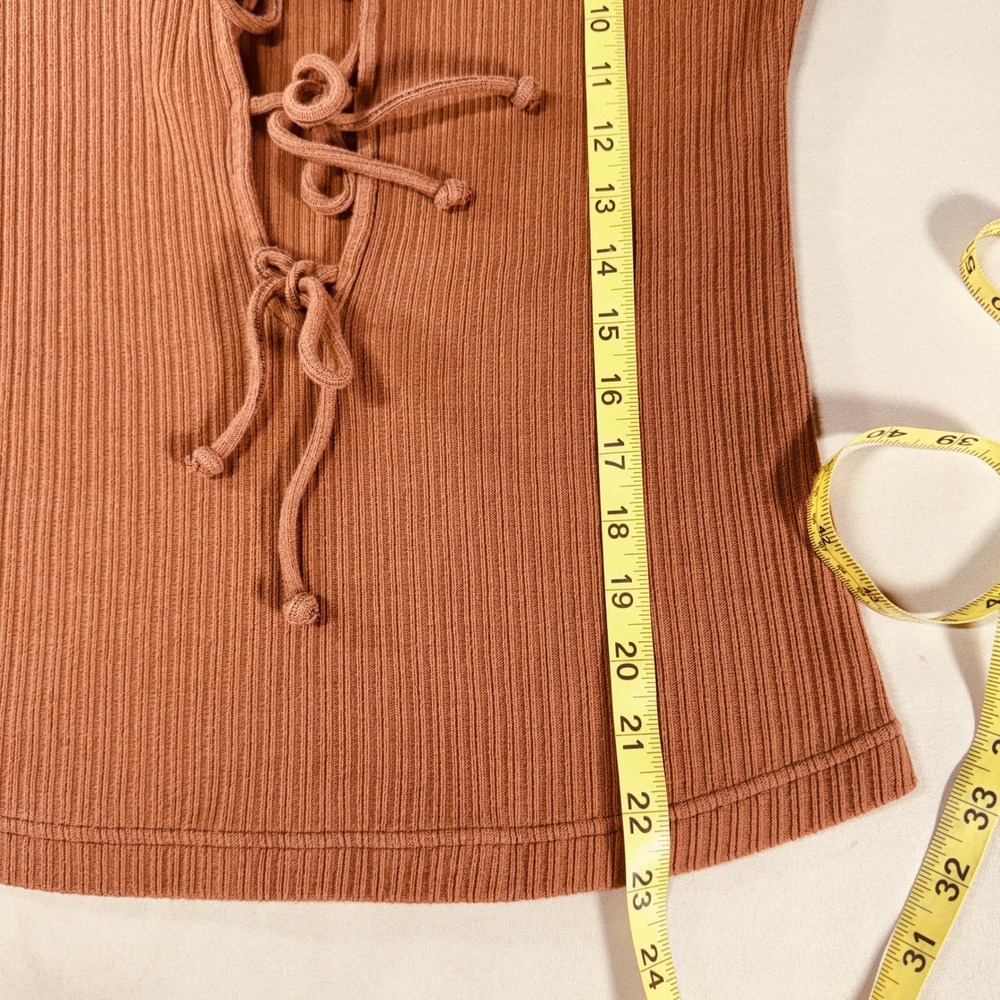 Free People Ribbed Lace Up Tie Front Top Terracotta Brown Short Sleeve Medium - Picture 4 of 12